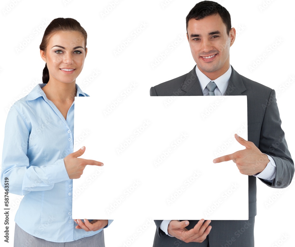 Business partners presenting sign together Business partners presenting sign together