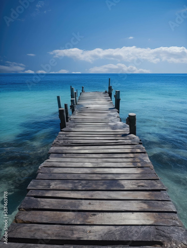 A wooden pier overlooking a deep sapphire ocean.. AI generation. © Justlight