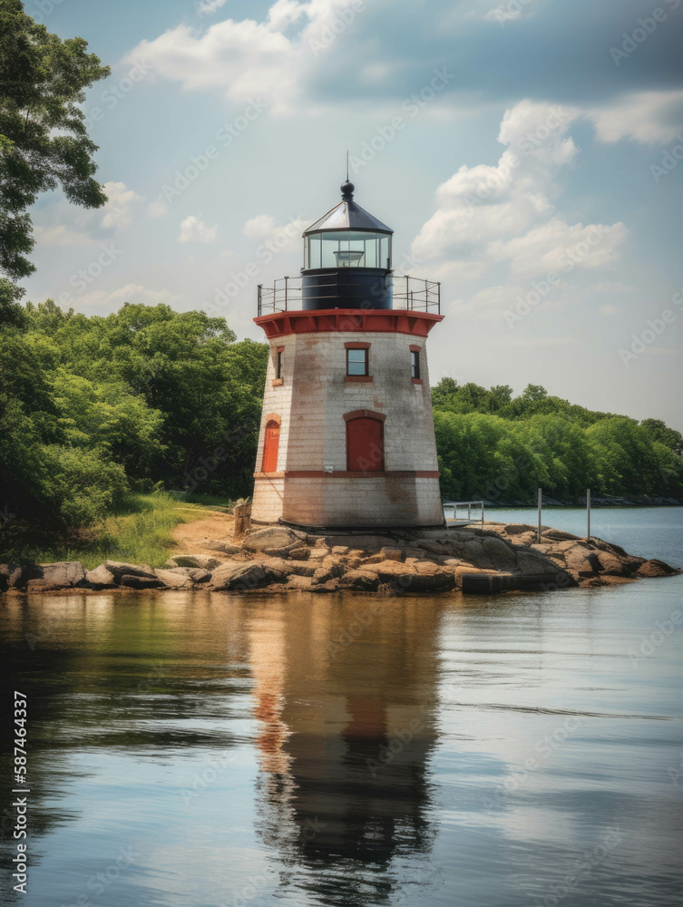 A lighthouse nestled in a peaceful harbor.. AI generation. A lighthouse nestled in a peaceful harbor.. AI generation.