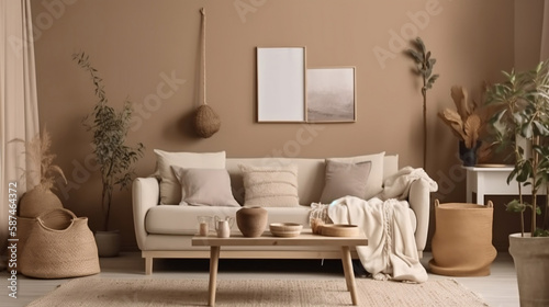 Domestic and cozy interior of living room with beige sofa, plants, shelf, coffee table, boucle rug, mock up poster frame, side table, plant and elegant decoration Beige wall. Generative ai © Jesus From Baku