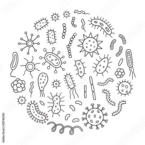 Bacteria and Viruses doodle set. Microorganism in sketch style. Hand drawn vector illustration isolated on white background