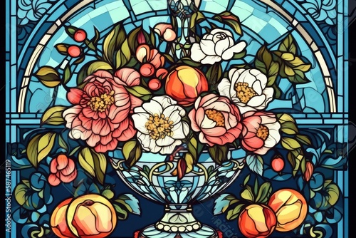 colorful stained glass window with a floral design. Generative AI