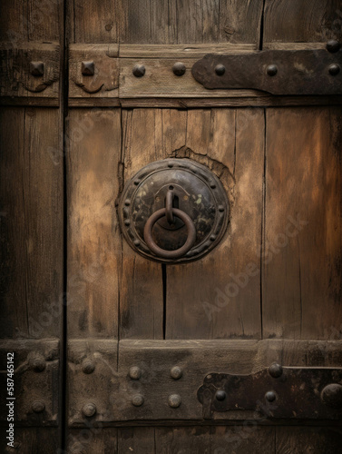 An old wooden door with a large iron knocker with a crack down the center revealing a single eye.. AI generation. © Justlight