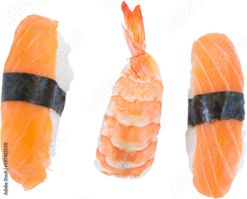 Salmon sushi over white background