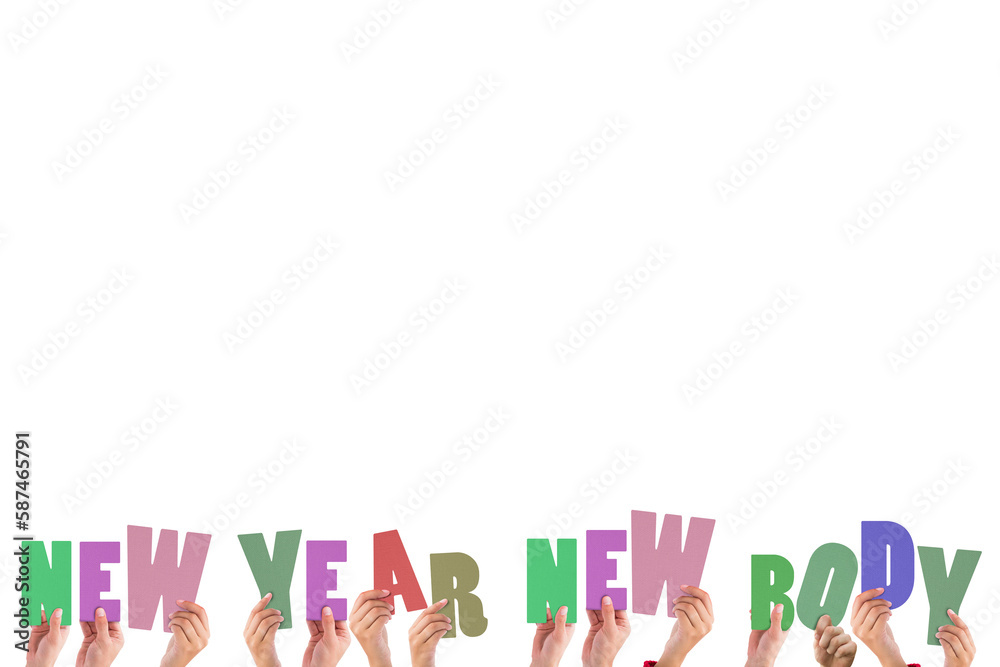 Colorful alphabet spelling new year new body held up by people Colorful alphabet spelling new year new body held up by people