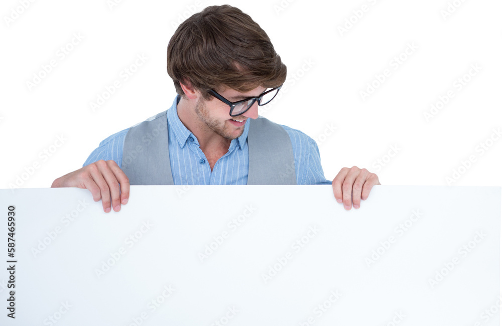 Handsome man holding blank panel