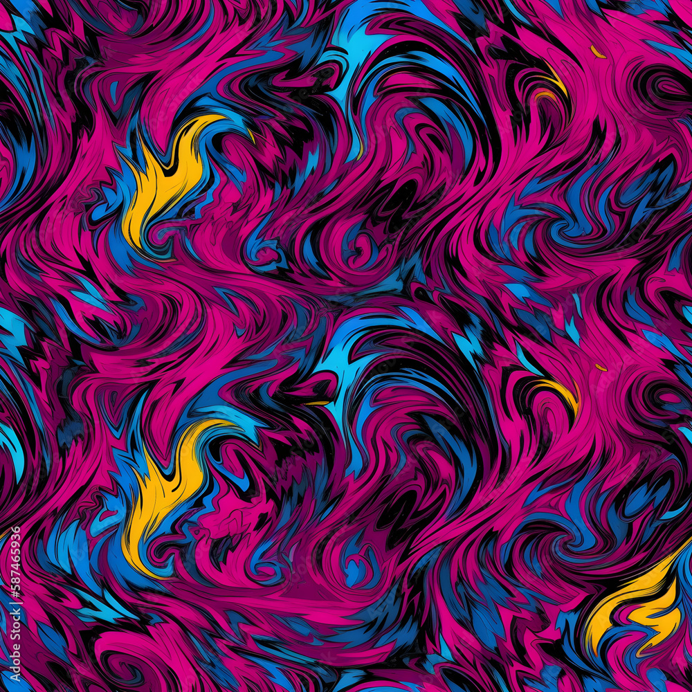 Ebru paintinfg texture seamless pattern. Magenta, blue, yellow abstract background. Seamless liquid fluid. Mrbling style effect. Generative AI