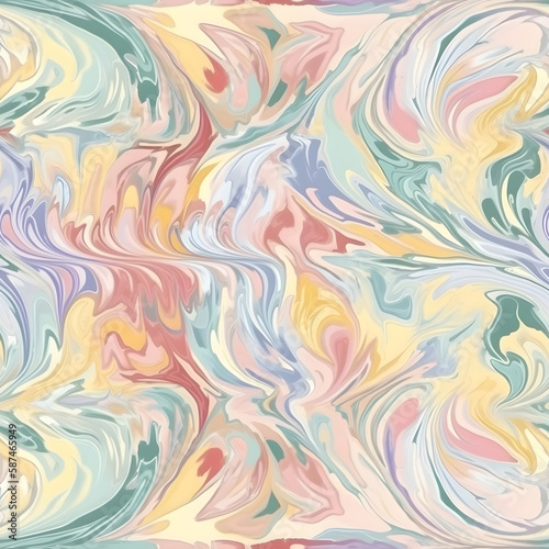 Ebru paintinfg texture seamless pattern. Pastel color abstract background. Seamless liquid fluid. Mrbling style effect. Generative AI