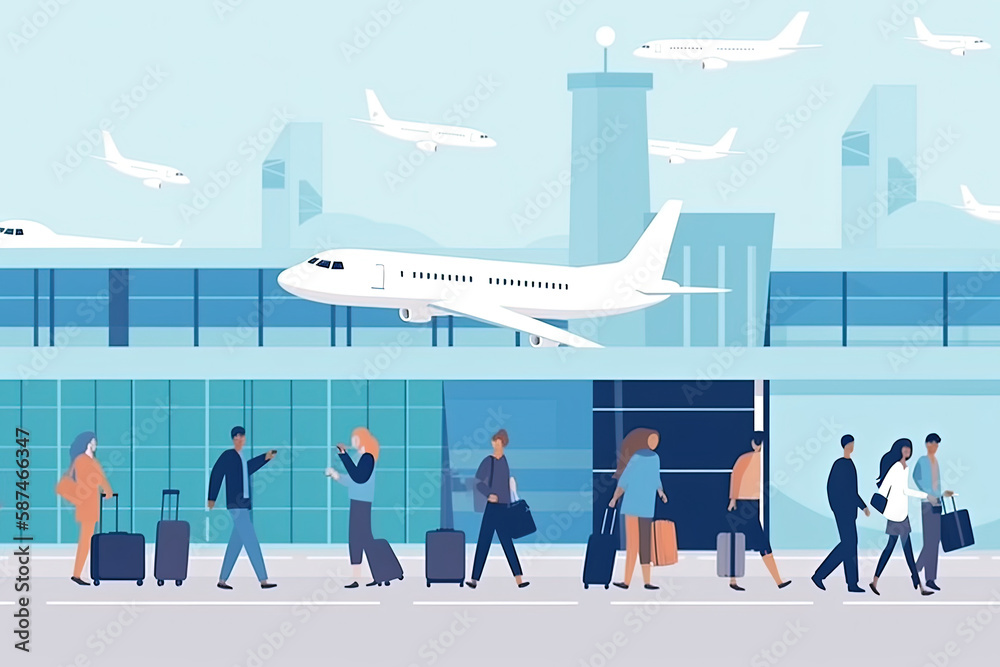 Illustration of people getting to the airport. Business travel concept in flat color. Generative AI Illustration of people getting to the airport. Business travel concept in flat color. Generative AI