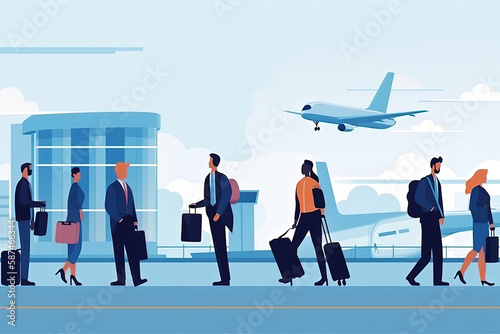 Illustration of people getting to the airport. Business travel concept in flat color. Generative AI
