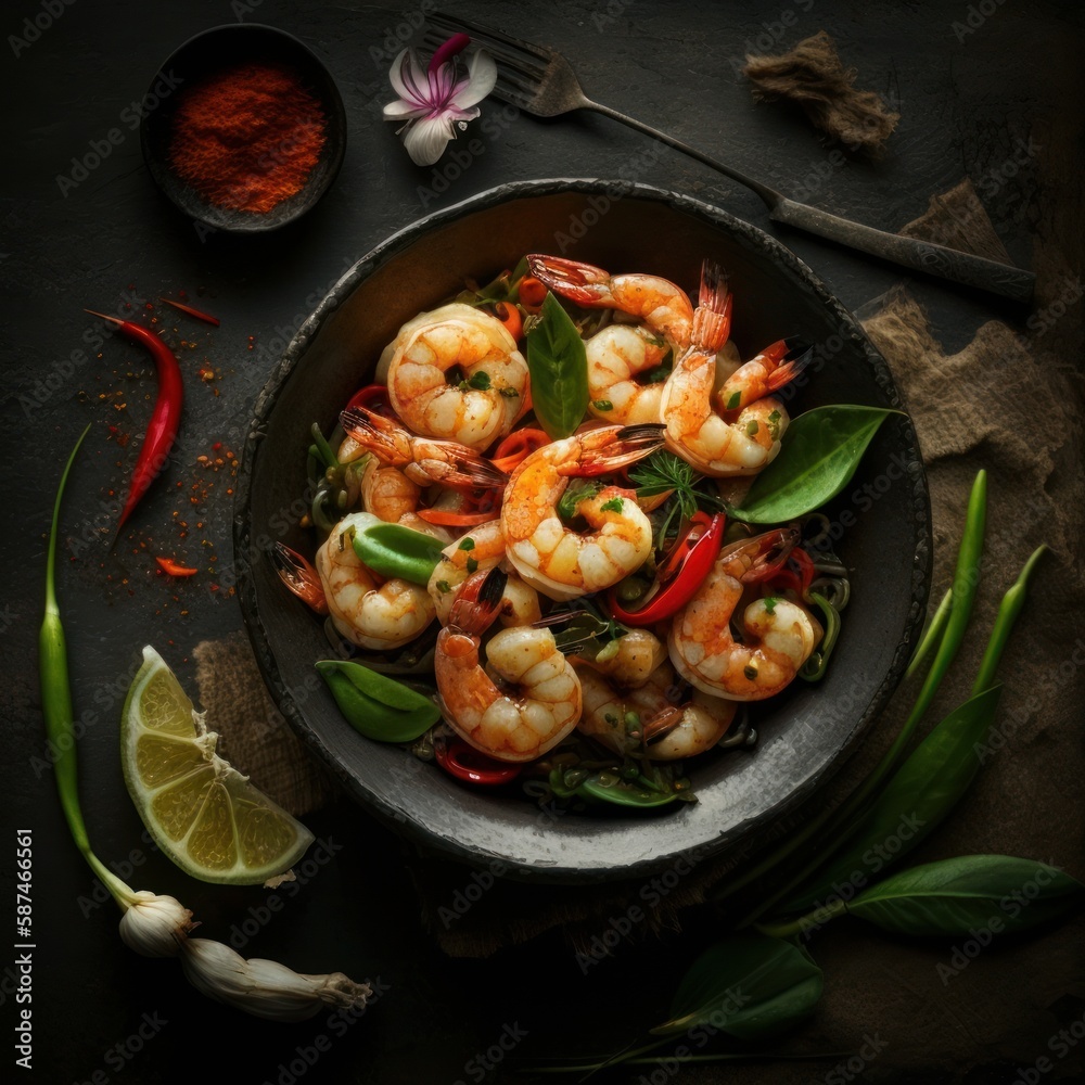 A centered shot of a shrimp dish ai generative illustration