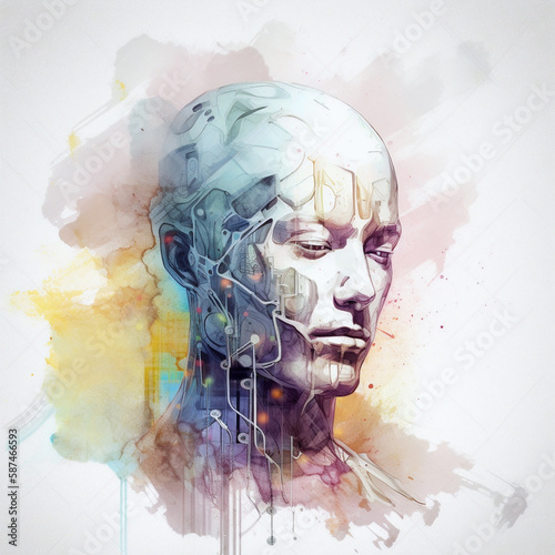 Cybernetic human, watercolor style, Generative AI