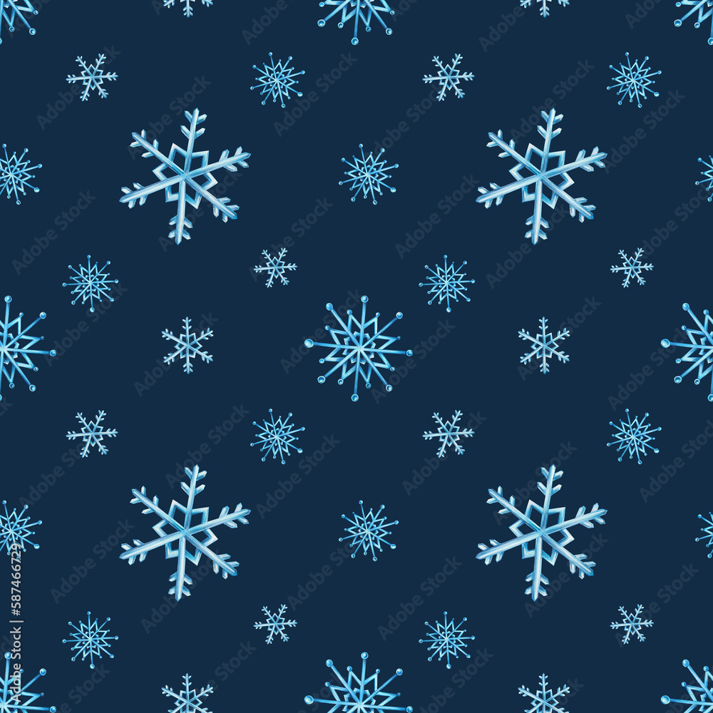 Watercolor seamless pattern with snowflakes. Hand painting on an isolated background. For designers, decoration, postcards, wrapping paper, scrapbooking, covers, invitations, posters and textile Watercolor seamless pattern with snowflakes. Hand painting on an isolated background. For designers, decoration, postcards, wrapping paper, scrapbooking, covers, invitations, posters and textile