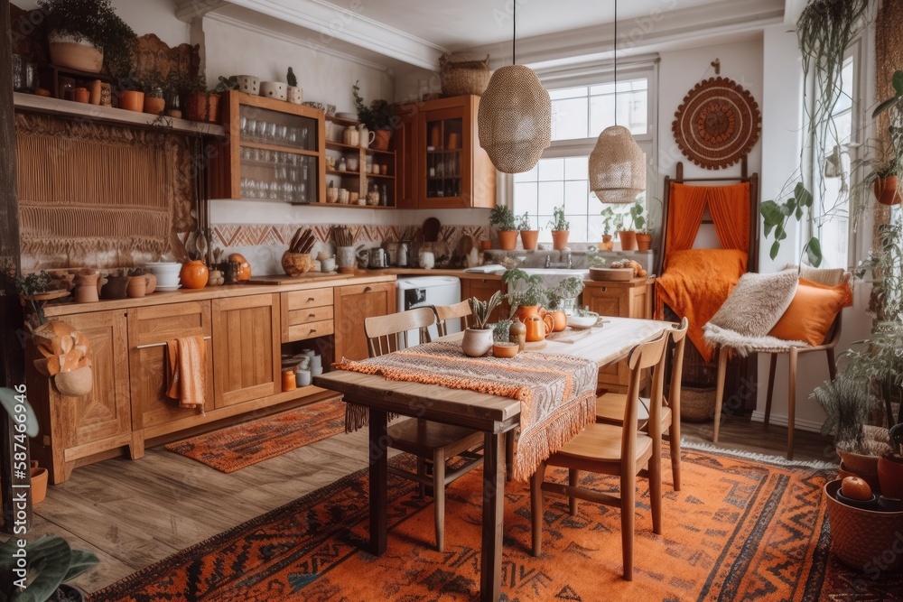 Bohemian wooden kitchen and dining room. White and orange table, chairs, carpet, and appliances. Boho rural decor,. Generative AI