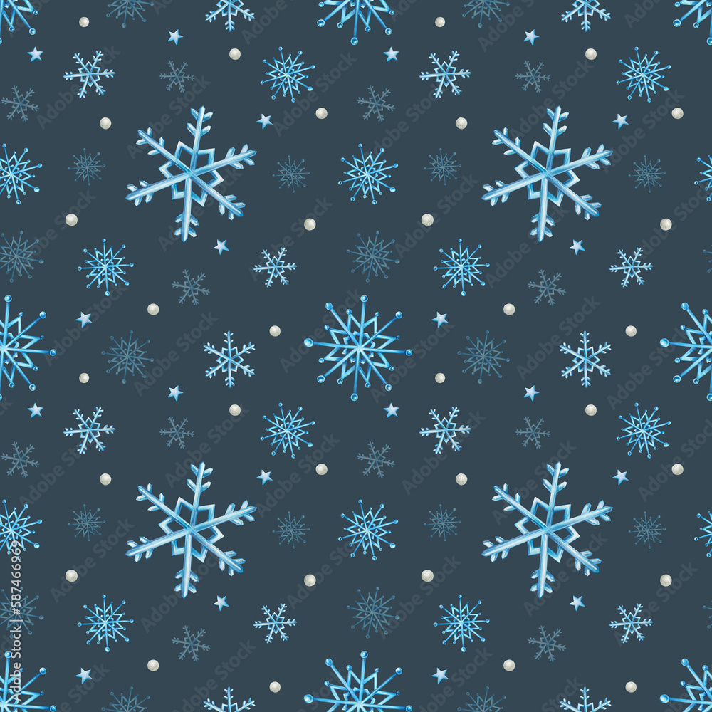 Watercolor seamless pattern with snowflakes. Hand painting on an isolated background. For designers, decoration, postcards, wrapping paper, scrapbooking, covers, invitations, posters and textile Watercolor seamless pattern with snowflakes. Hand painting on an isolated background. For designers, decoration, postcards, wrapping paper, scrapbooking, covers, invitations, posters and textile