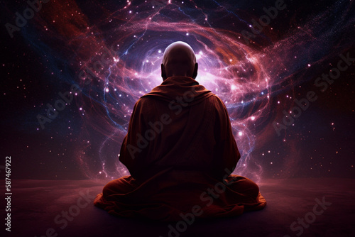 Monk meditating on distant planet, Generative AI