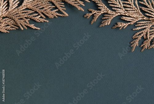 Golden Christmas branches on a blue background. Concept for wedding invitations.