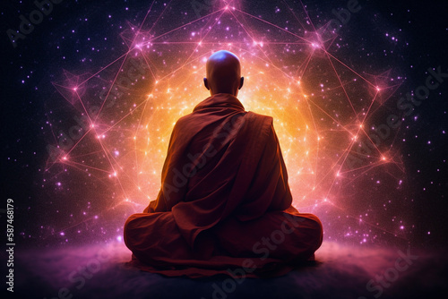 Monk meditating while observing the universe, Generative AI