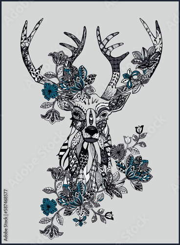Deer Design - Vector Illustration for Fashion Graphics, Decorated Deer Fashion Graphic - Enhance Your Design with Rhinestuds, Foil, Glitter or Sequins. Trendy Vector Illusion for t shirts or posters