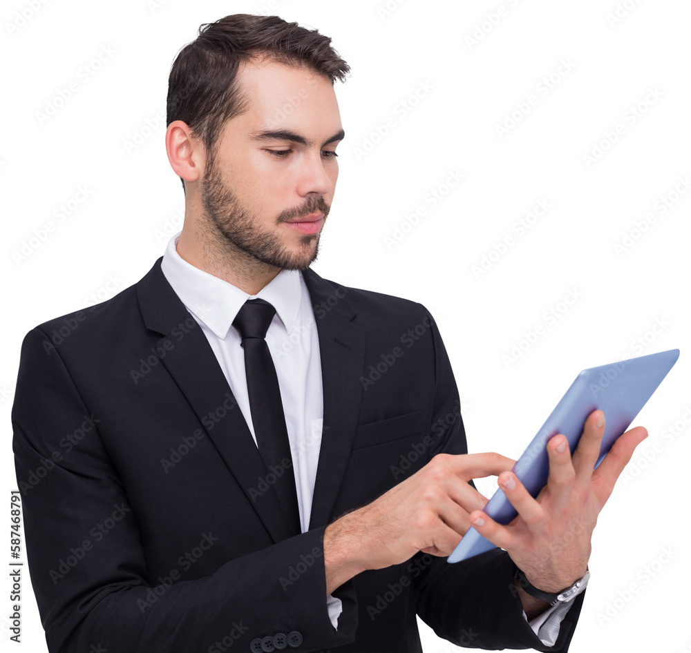 Cheerful businessman touching digital tablet Cheerful businessman touching digital tablet