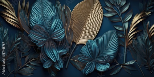 Voluminous exotic flowers of blue-gold color on a blue background, abstract background. AI generated