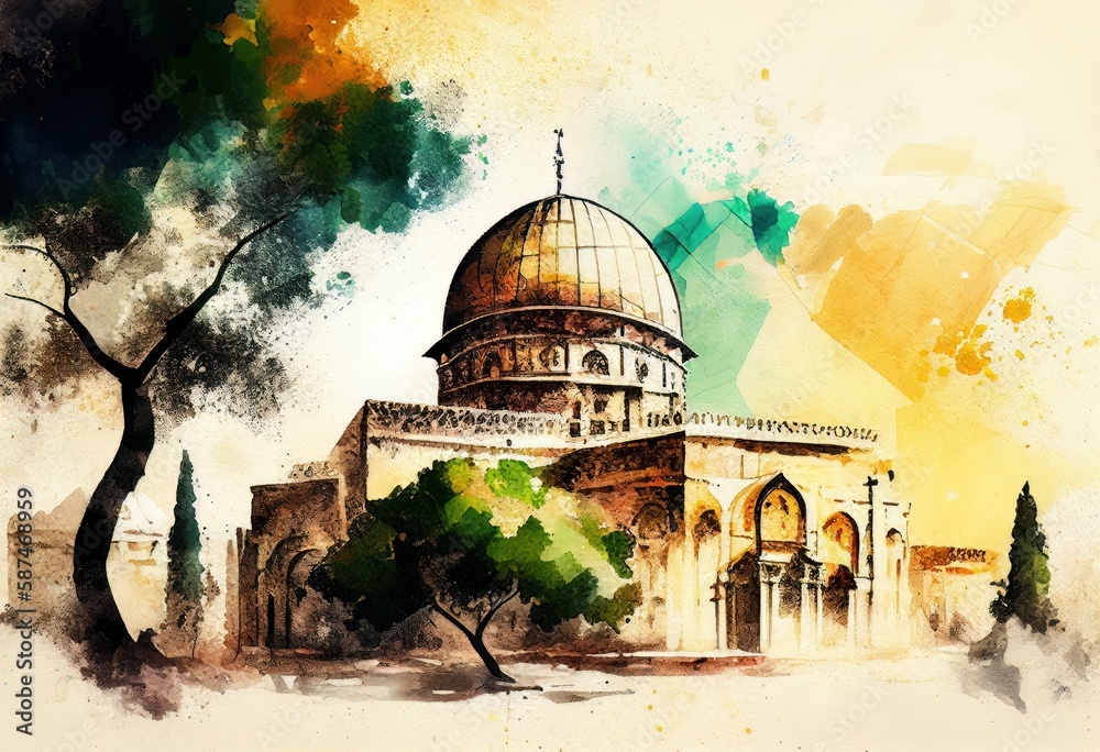 Fototapeta premium Al-Aqsa Mosque. Old City of Jerusalem. Watercolor style illustration by Generative AI.