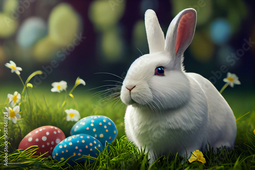 Easter bunny sitting near Easter eggs, green grass. Cute colorful bunny, green background, spring holiday, symbol of Easter, rabbits crawling on the green grass. High quality illustration