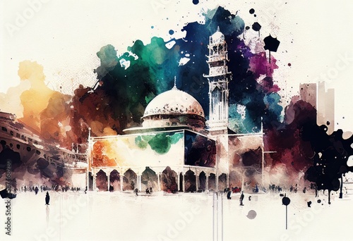 Mecca - the holiest city in Islam,  Saudi Arabia. Watercolor style illustration by Generative AI. photo