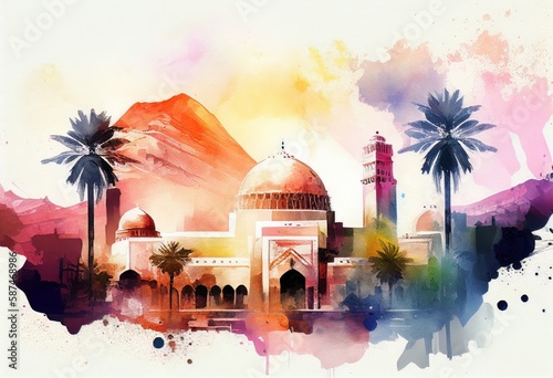 Mecca - the holiest city in Islam,  Saudi Arabia. Watercolor style illustration by Generative AI. photo