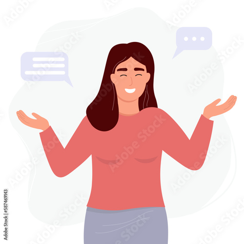 The girl makes a choice, makes a helpless gesture, shrugs her shoulders, shows the curator a message. Vector graphics.