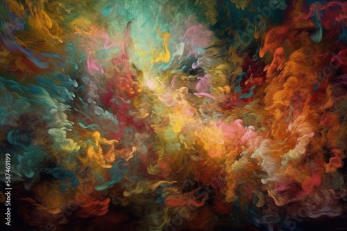 abstract painting featuring vibrant, colorful clouds. Generative AI