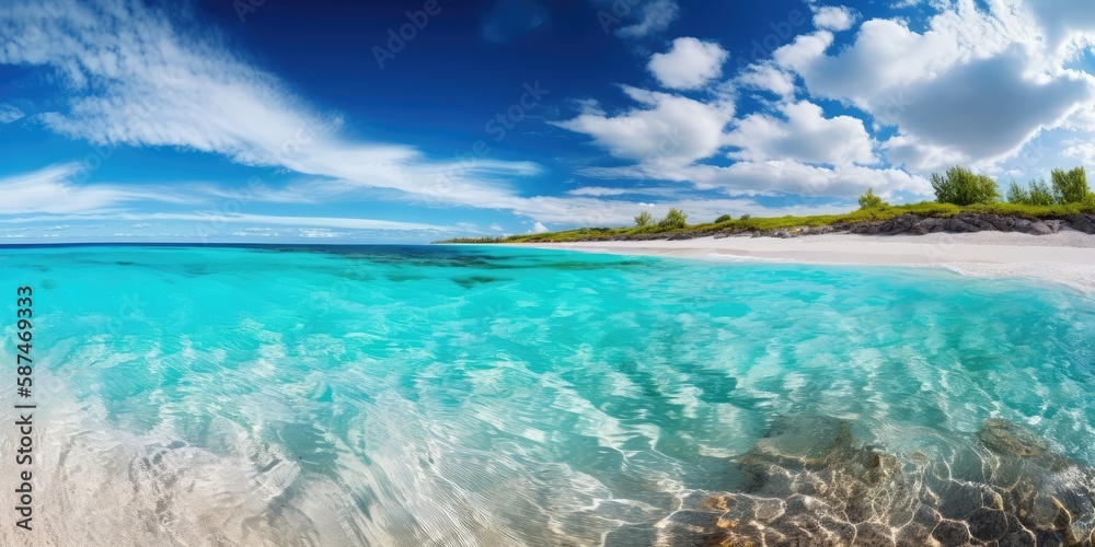 Summer seascape beautiful waves, blue sea water in sunny day. The shore of the azure sea. The concept of a holiday at the sea. AI generated