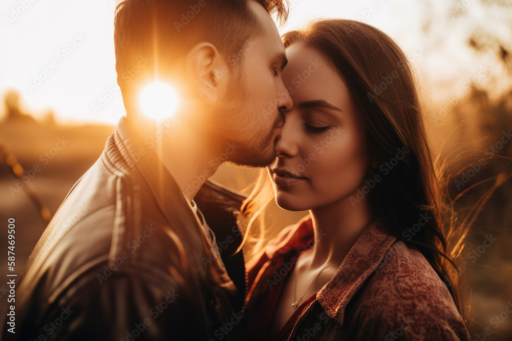 Attractive couple leaning in for a kiss, bathed by a shining sun. Young couple (man and woman) going for a kiss in sunset. High quality generative ai Attractive couple leaning in for a kiss, bathed by a shining sun. Young couple (man and woman) going for a kiss in sunset. High quality generative ai