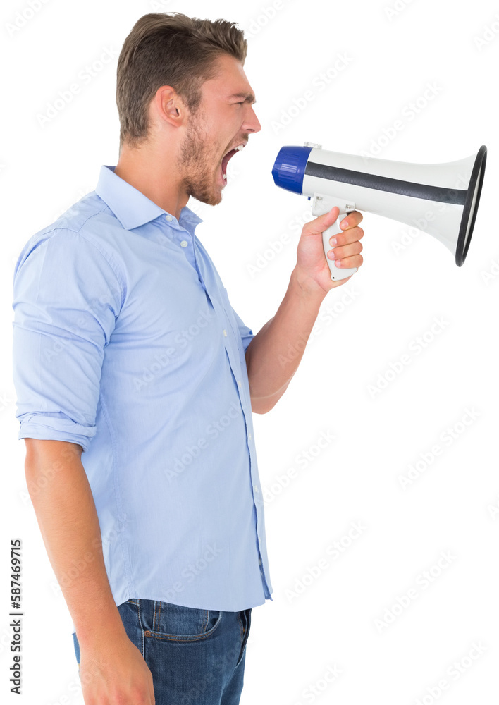 Angry man shouting through megaphone Angry man shouting through megaphone