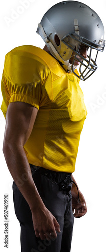 Side view of American football player in helmet