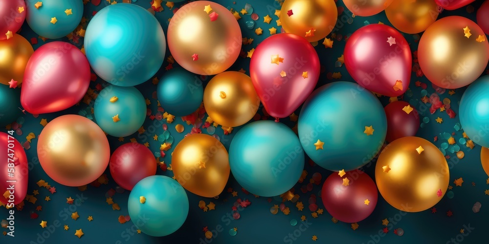 Festive balloons of different sizes on a green background. Holiday concept. AI generated