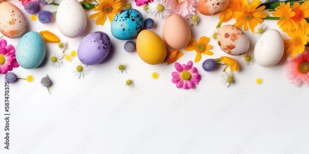 Multicolored Easter eggs on a white background, a space for text. The concept of the Easter holiday. AI generated