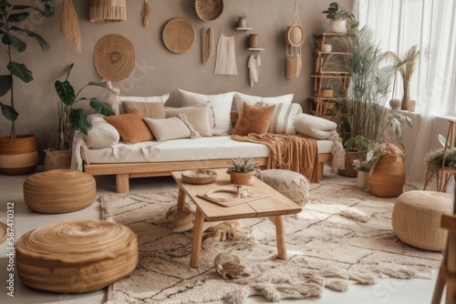 Boho living room with beige couch, coffee table, stool, wicker baskets, and accessories. Brown and white plaid pillows. Cozy flat. Template. Generative AI