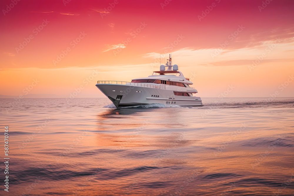 Luxury Super Yacht in sunset or sunrise. With beautiful sleek white hull, brown/orange colors in the sky. Generative AI Luxury Super Yacht in sunset or sunrise. With beautiful sleek white hull, brown/orange colors in the sky. Generative AI