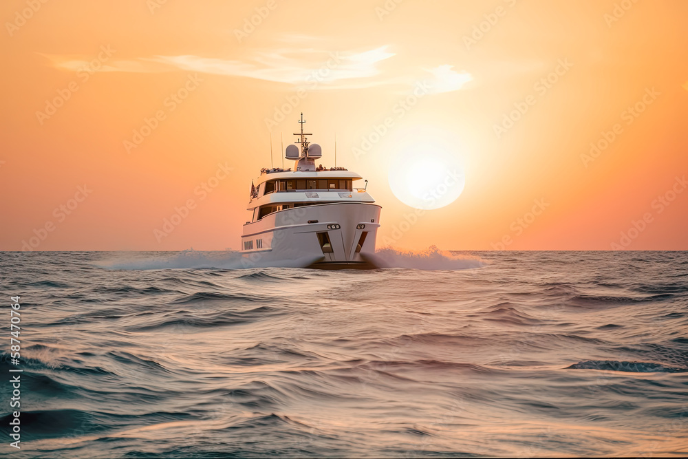 Luxury Super Yacht in sunset or sunrise. With beautiful sleek white hull, brown/orange colors in the sky. Generative AI