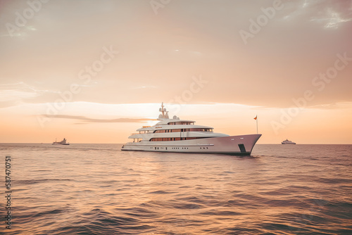 Luxury Super Yacht in sunset or sunrise. With beautiful sleek white hull, brown/orange colors in the sky. Generative AI © Tamara