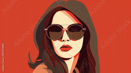 Fashion portrait of a model girl with sunglasses. Retro trendy colors poster or flyer. Flat design. Generative AI