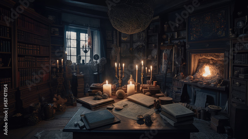 A wizard's room with books on the table, a library in the room. The concept of magic. AI generated