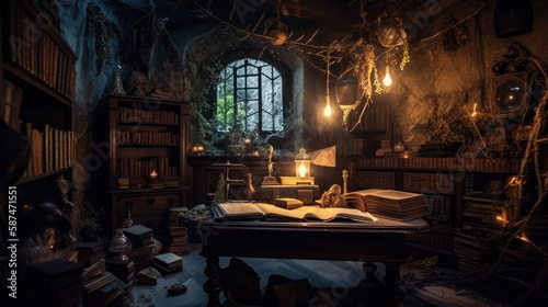 A wizard s room with books on the table. Interior of the room. AI generated