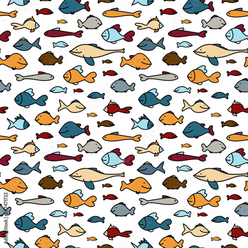 Vector seamless fish pattern. Colorful funny fish swimming in different directions. Cartoon style. 