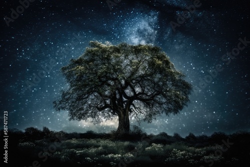 lone tree standing under a starry night sky in an open field. Generative AI