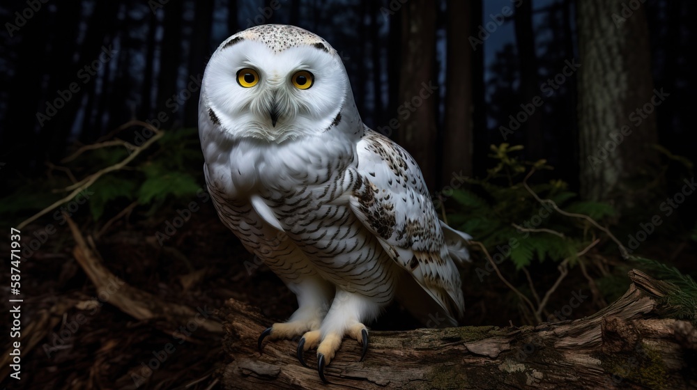 Obraz premium White Owl in the wild at night. Generative AI.