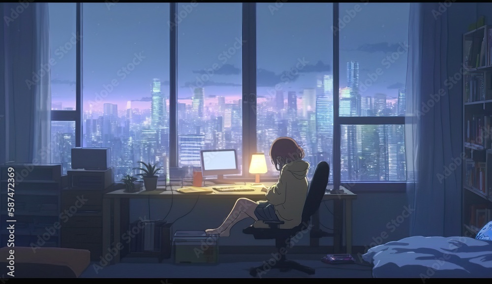 Young Girl Plush Chair Rainy Day Anime Bedroom - generative AI Young Girl Plush Chair Rainy Day Anime Bedroom - generative AI