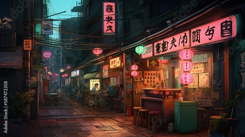 Narrow Tokyo Alley Night Illumination Scene - generative AI	
