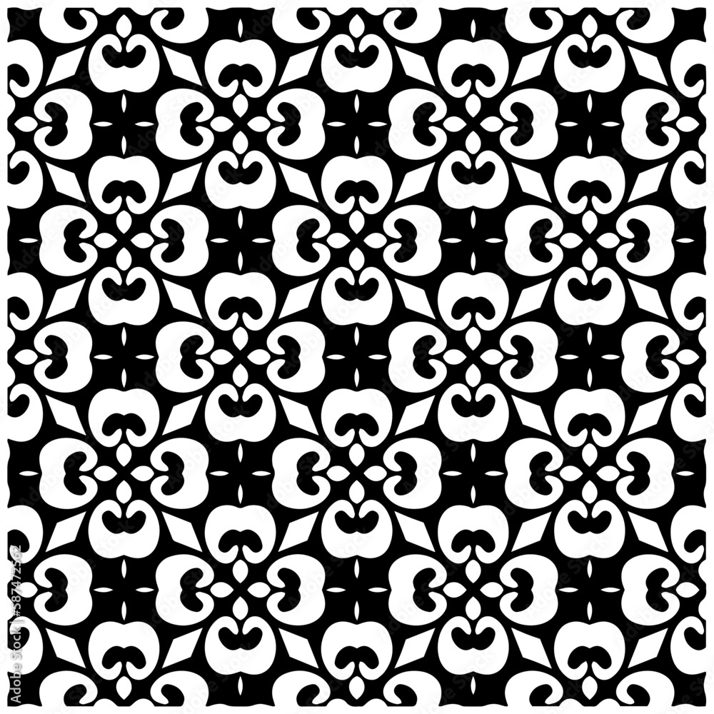 Dark background with abstract shapes. Black and white texture. Seamless monochrome repeating pattern for web page, textures, card, poster, fabric, textile.